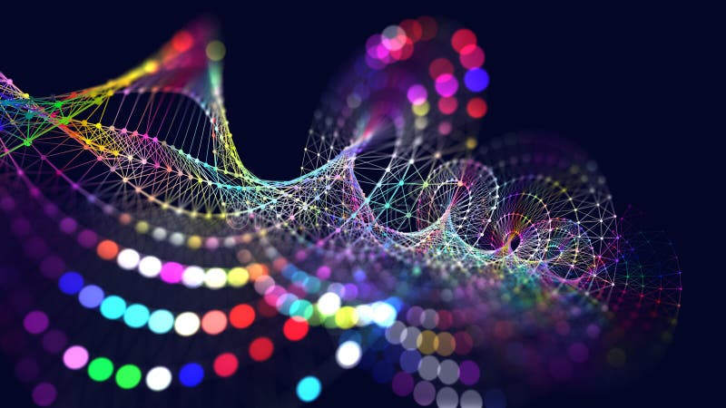 Abstract grid helix from color polygons in dark cyberspace. DNA shape wireframe connecting dots. Futuristic color twisting grid vector illustration