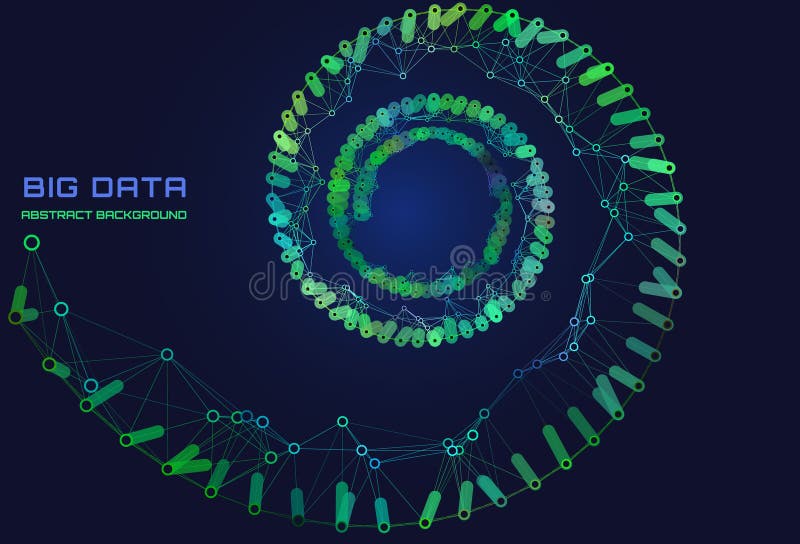Abstract grid helix from color polygons in dark cyberspace. Futuristic DNA shape wireframe connecting circles vector illustration