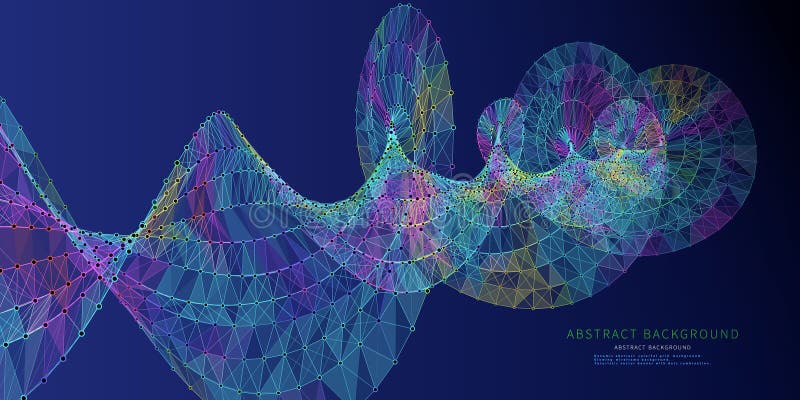 Abstract grid helix from color polygons in dark cyberspace. Rotating DNA shape wireframe connecting circles vector illustration