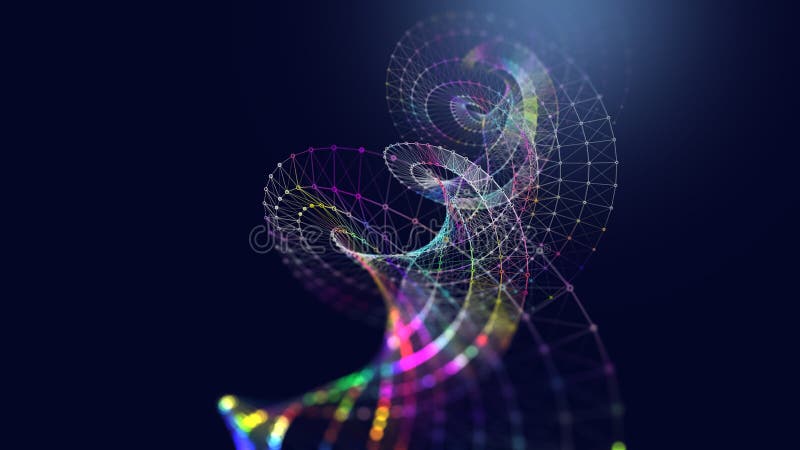 Abstract grid helix from color polygons in dark cyberspace. Rotating DNA shape wireframe connecting circles. 3d rendering stock illustration