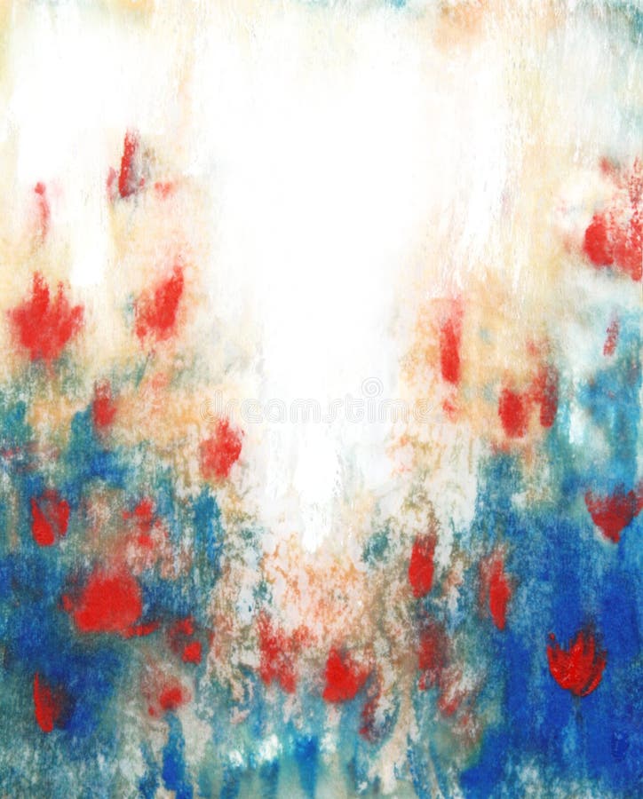 Abstract hand drawn paint background: red floral patterns on blue backdrop. Great for art texture, grunge design, and vintage paper
