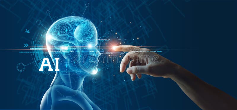 Abstract, Hand of human touching mindset of artificial intelligence AI, Robotic. Digital data and machine learning technology and stock photography