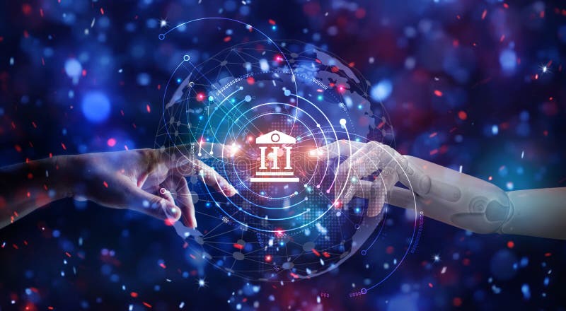 Abstract. Hands of robot and human touching on global virtual network connection future interface. Machine Learning. stock photos