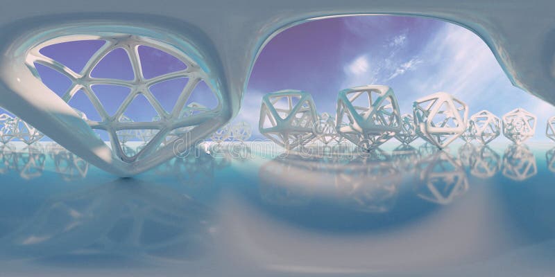Abstract HDRI environment map, spherical panorama background, light source rendering with icosahedron objects and sky 3d equirect royalty free illustration