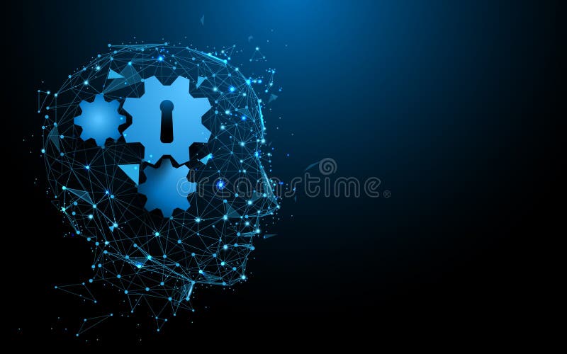 Abstract Head and gear sign form lines and triangles, point connecting network on blue background stock illustration