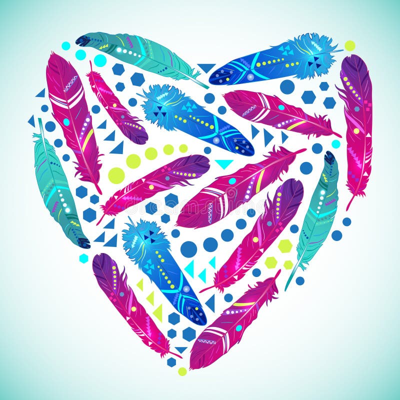 Abstract heart from feathers with ethnic pattern. vector illustration
