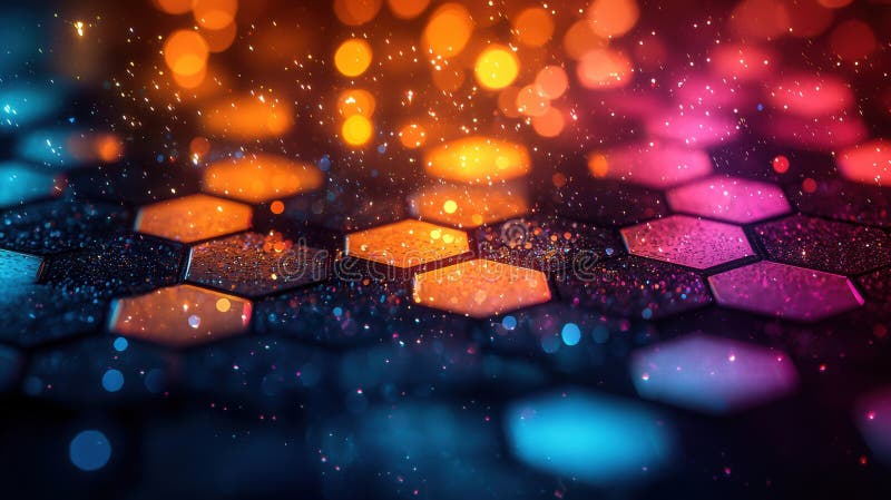Abstract Hexagon Pattern with Colorful Lights and Glitter royalty free illustration