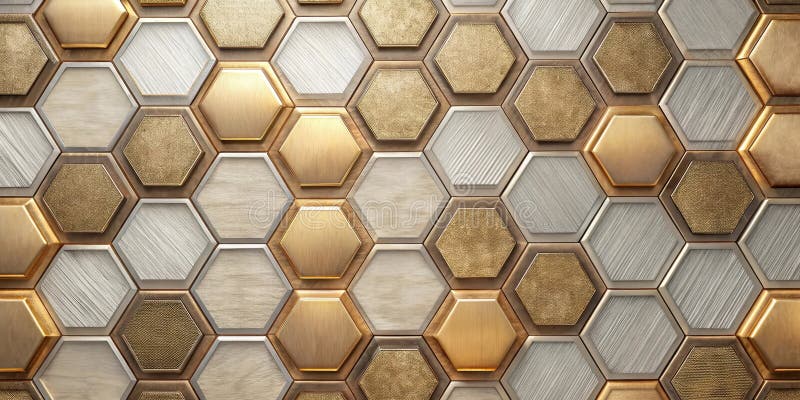 Abstract hexagon pattern elegant metallic and wood textures in a geometric honeycomb design. Generative AI vector illustration