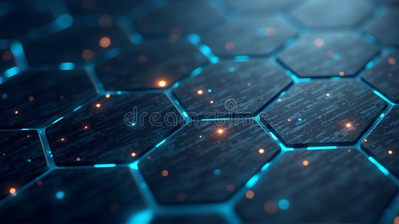 Abstract Hexagon Pattern with Glowing Blue and Orange Lights royalty free illustration