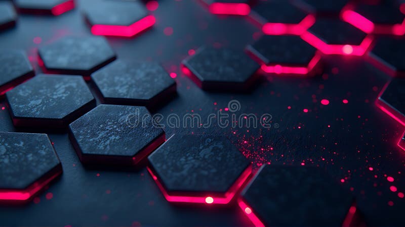 Abstract Hexagon Pattern with Red Neon Lights stock illustration