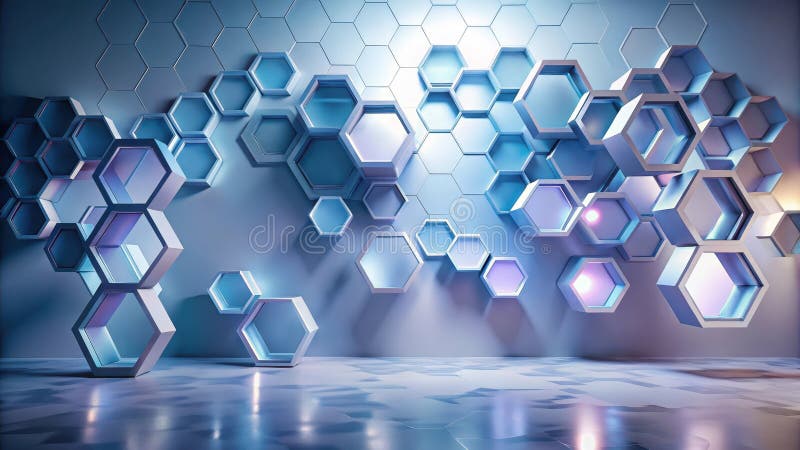 Abstract hexagonal structure a futuristic interior design concept with illuminated geometric shapes and reflective floor. royalty free illustration