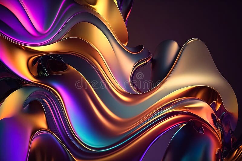 Abstract Holographic multi-colored crystals with rays and waves of light on the black background of different shapes. Generative royalty free illustration