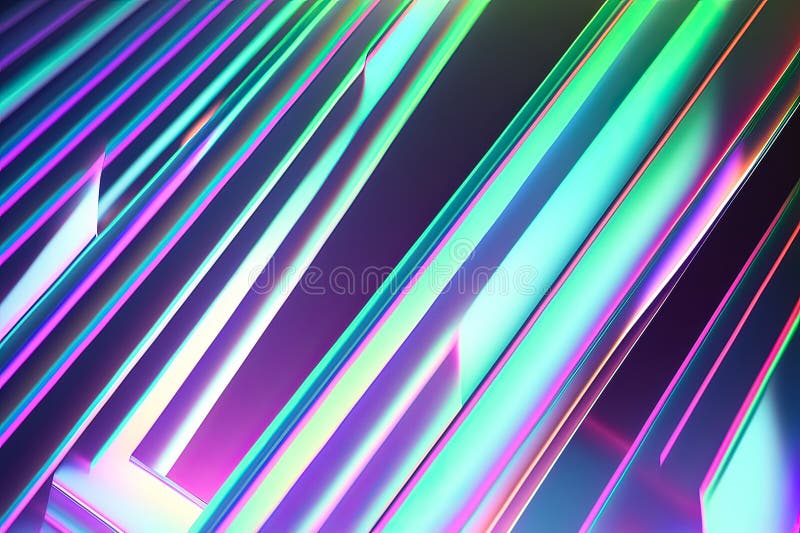 Abstract Holographic multi-colored crystals with rays and waves of light on the black background of different shapes. Generative stock illustration