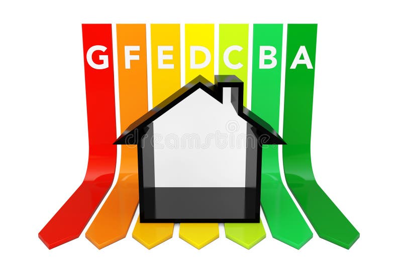 Abstract House Over Energy Efficiency Rating Chart. 3d Rendering Stock Illustration