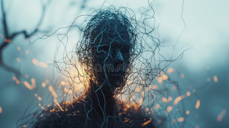 Abstract human form entangled in chaotic wire structures royalty free stock photo