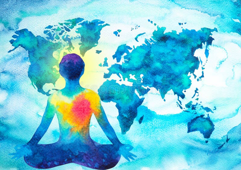 Abstract human meditator chakra universe power world map background