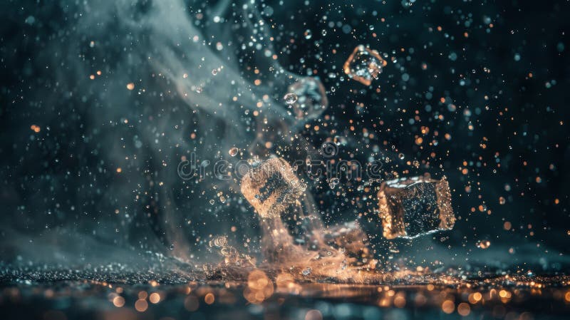 Abstract ice cubes and water splash in motion. Abstract scene of ice cubes and water splash in motion, with dynamic lighting and bokeh effect, creating an energetic and refreshing visual ideal for creative and beverage themes. AI generated