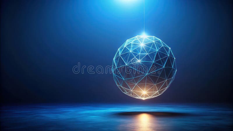 Abstract illuminated geometric sphere hanging in a dark blue environment. Generative AI stock illustration