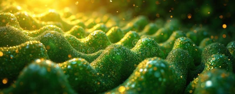 Abstract illustration of beer foam, swirling textures. Dynamic, golden light, bokeh effects, green. Creative beer art. stock image