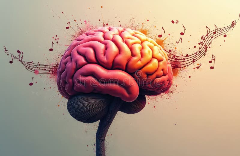 Abstract illustration features human brain, musical notes. Concept idea of music influence on mind, art, imagination royalty free stock photo