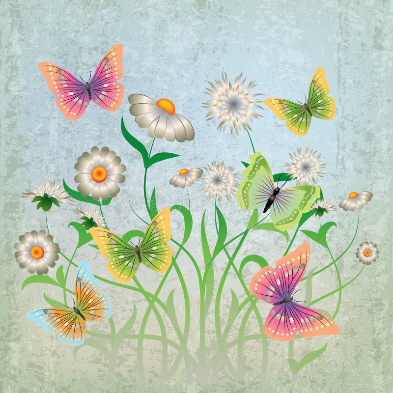 Abstract illustration with flowers and butterfly