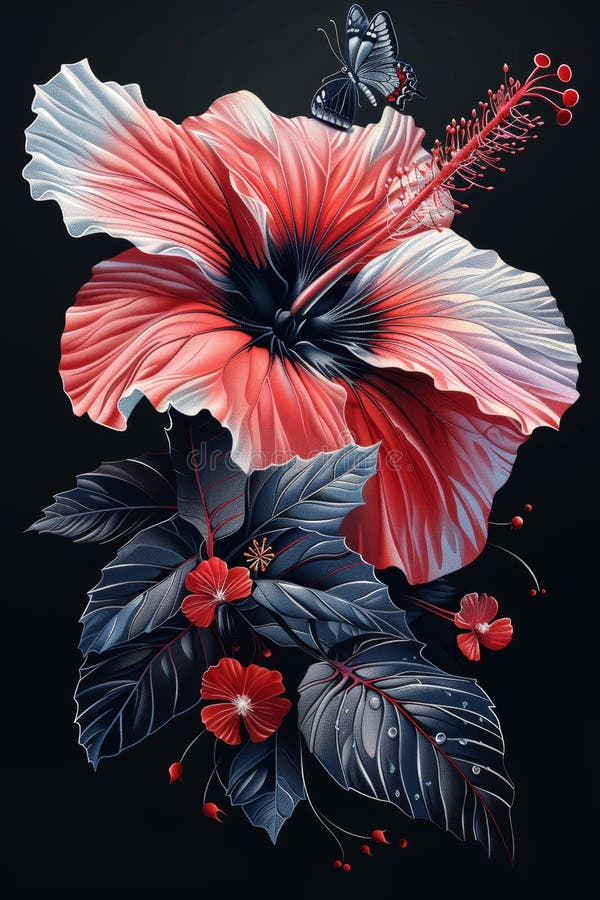 Elegant Hibiscus Flower and Butterfly Stock Illustration - Illustration
