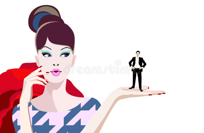 Abstract illustration woman thinking, holding in her hand man royalty free illustration