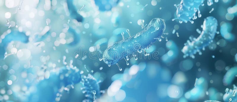 Imagine abstractă a bacteriilor care plutesc într-un lichid albastru cu efect de particule ușoare royalty free stock photography