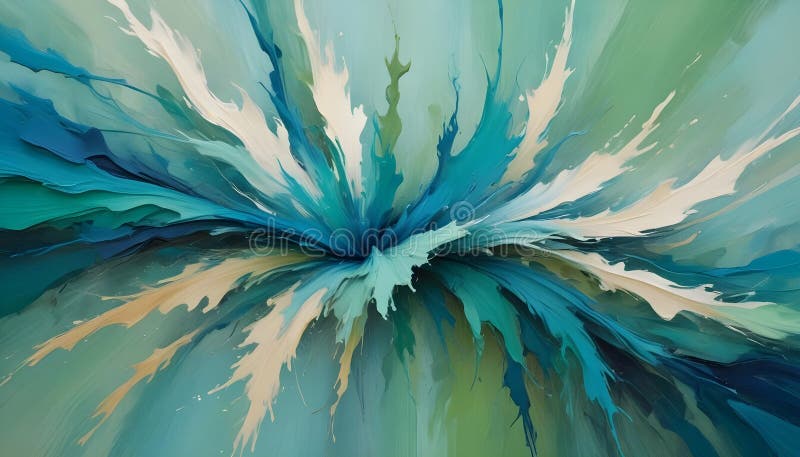 Abstract image of a blue and green explosion of paint splatters, creating a dynamic and vibrant composition. The royalty free illustration