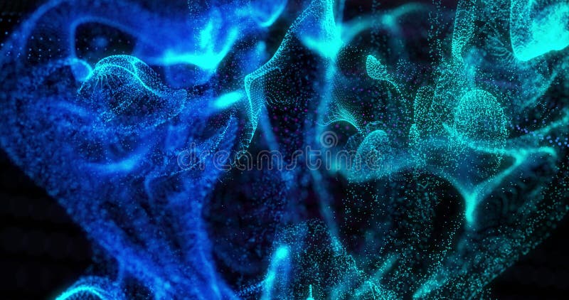 Abstract image of blue and green particles forming dynamic wave patterns stock illustration