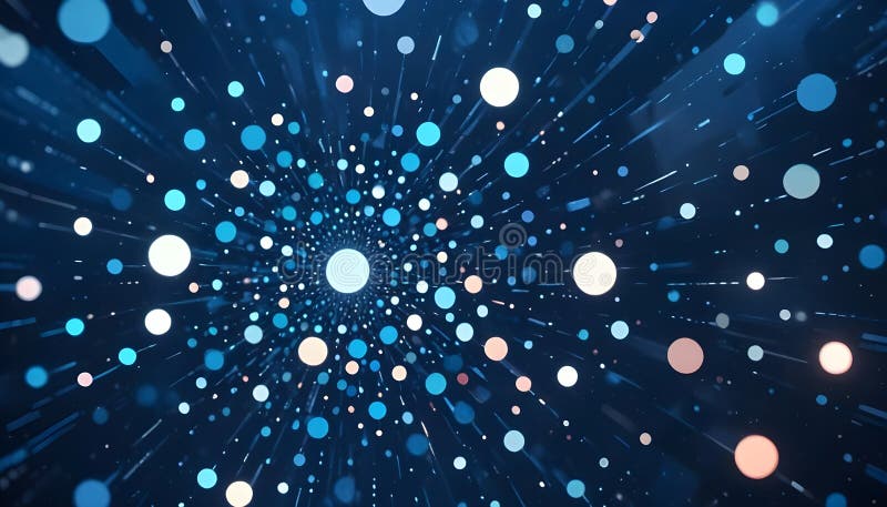 Abstract image of a blue and white, glowing sphere with circles of different sizes. The sphere is surrounded by a burst vector illustration