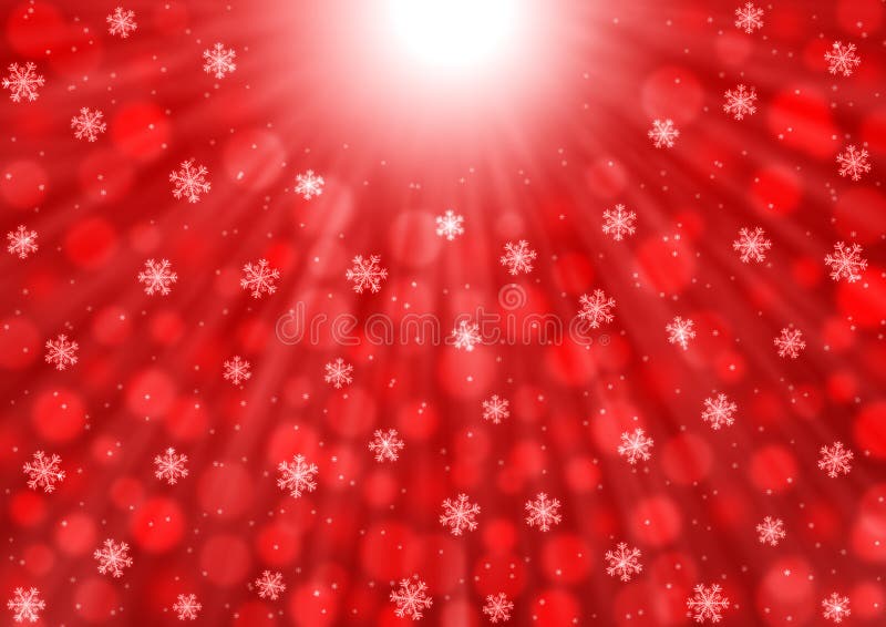 Abstract Falling Snowflakes, Light Rays and Bokeh in Red Background stock illustration