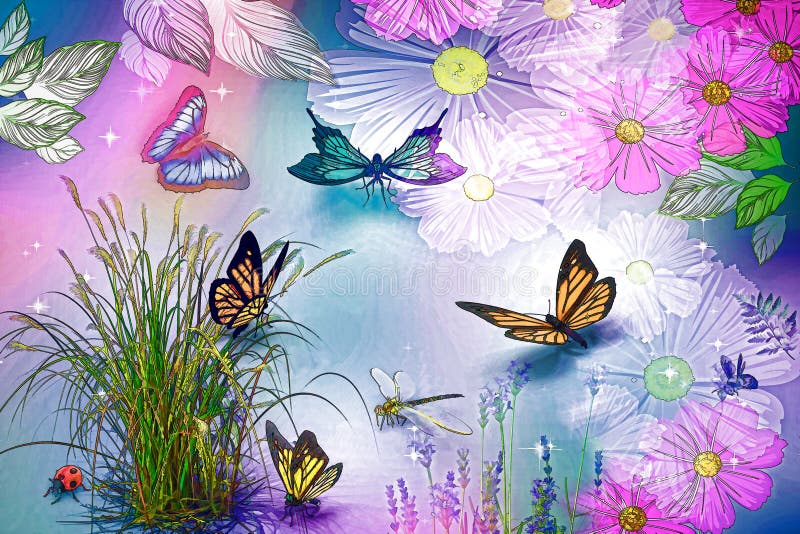 Abstract Image: Butterflies and Flowers. 3D Rendering. Stock Illustration -  Illustration of shadow, butterfly: 127494088