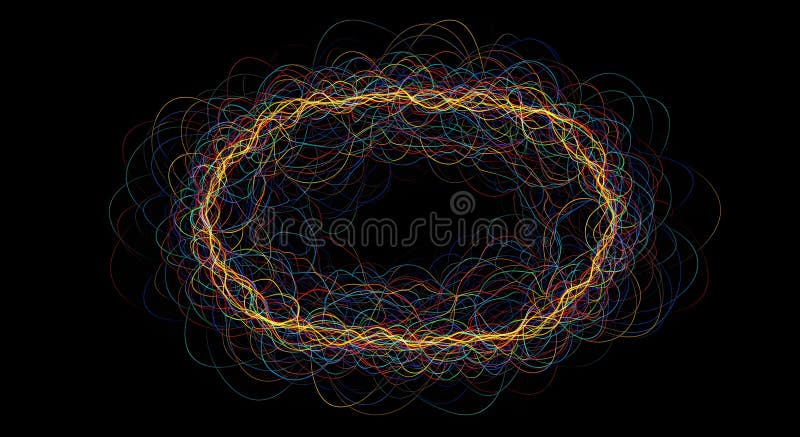 Abstract oval shape formed by colorful wavy lines on black background stock illustration