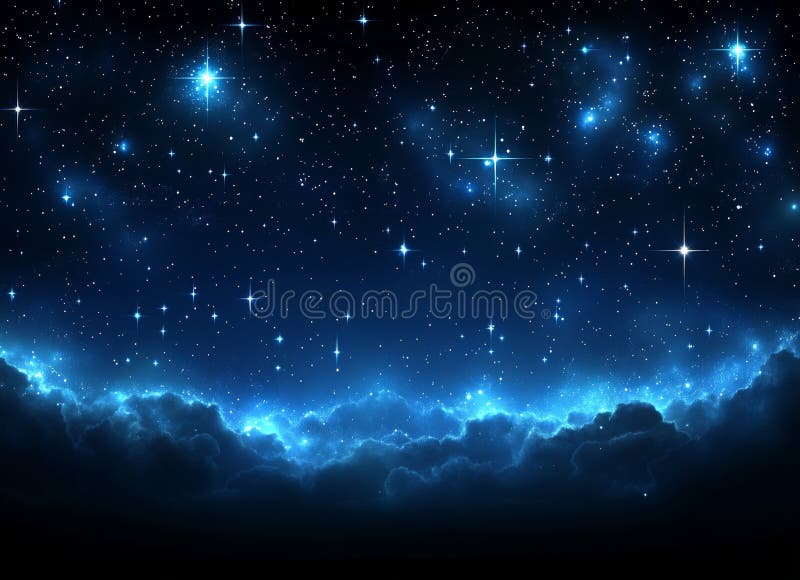 An abstract image featuring swirling blue particles and bokeh lights, giving a cosmic or ethereal feel. The dark stock photo