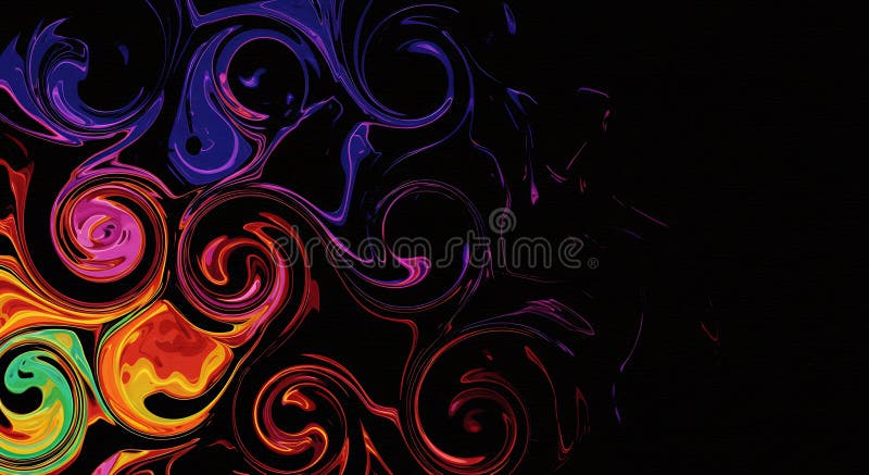 Abstract image featuring vibrant, swirling patterns in rainbow hues against a black royalty free illustration