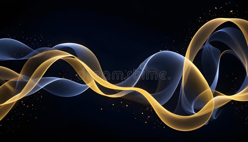 Abstract image of glowing, blue and gold waves, set against a dark background, creating a dynamic and elegant design. stock illustration