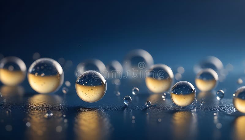 Abstract Image of Golden Water Droplets on a Dark Blue Background the
