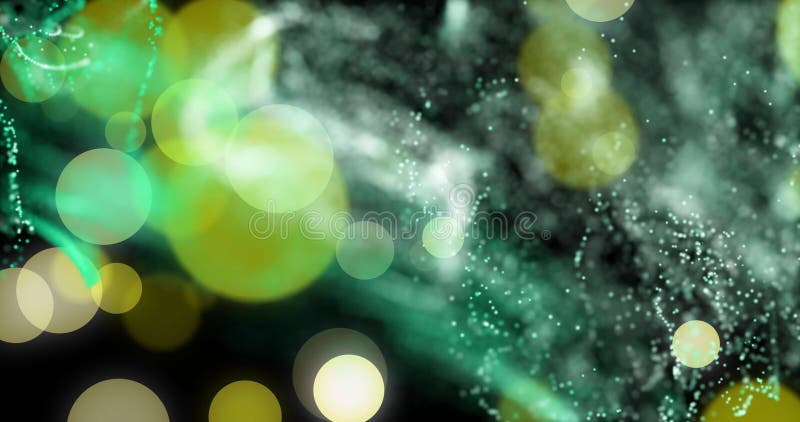 Abstract image with green and yellow particles floating over dark background vector illustration