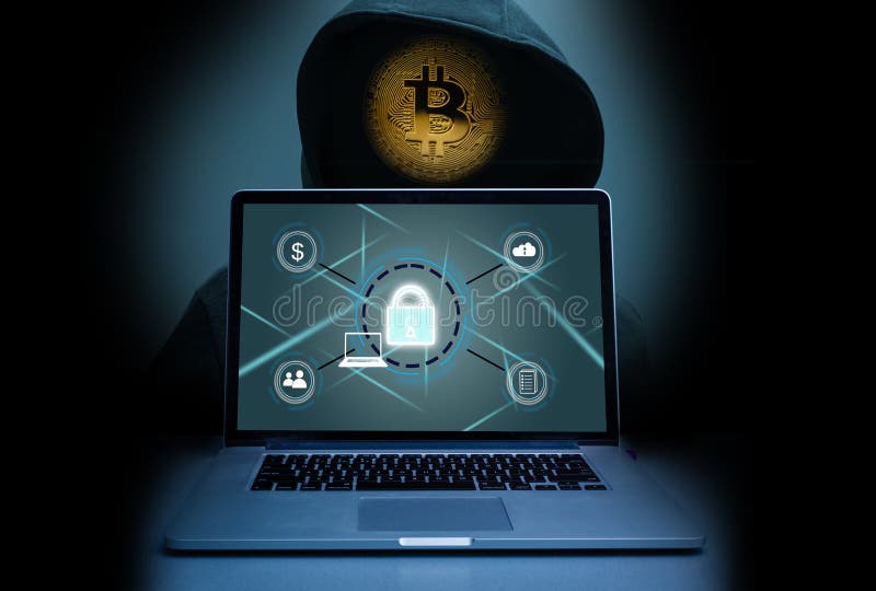 The abstract image of the hacker, laptop, bitcoin. the concept of cyber attack, virus, malware, cryptocurrency royalty free stock photos