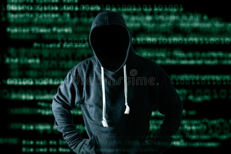The abstract image of the hacker standing and the binary code image is backdrop. the concept of cyber attack, virus, malware, ille stock photos
