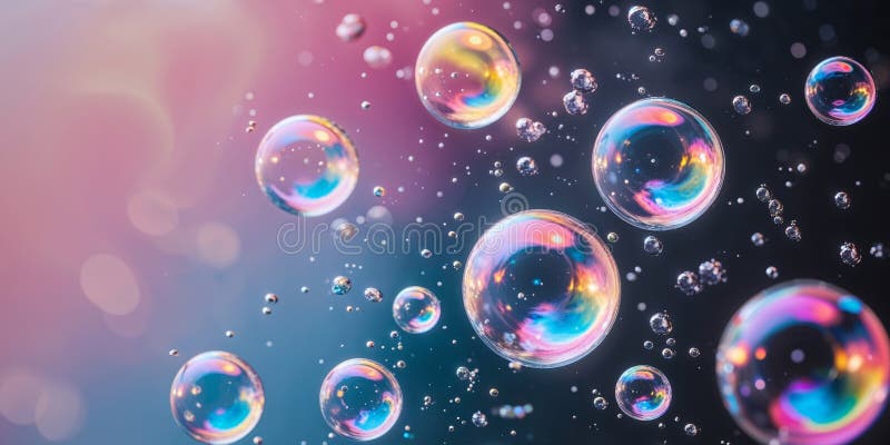 Abstract image of iridescent bubbles floating in a colorful background stock images
