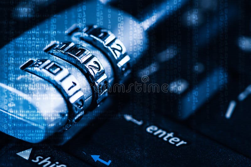 The abstract image of the padlock located on the top of enter button on computer keyboard overlay with binary code image. royalty free stock photo
