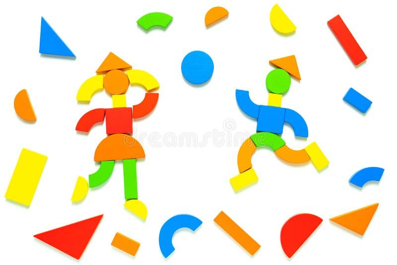 Abstract image of playing children made from colored elements of wooden blocks or constructor set with frame. Kids early stock photography