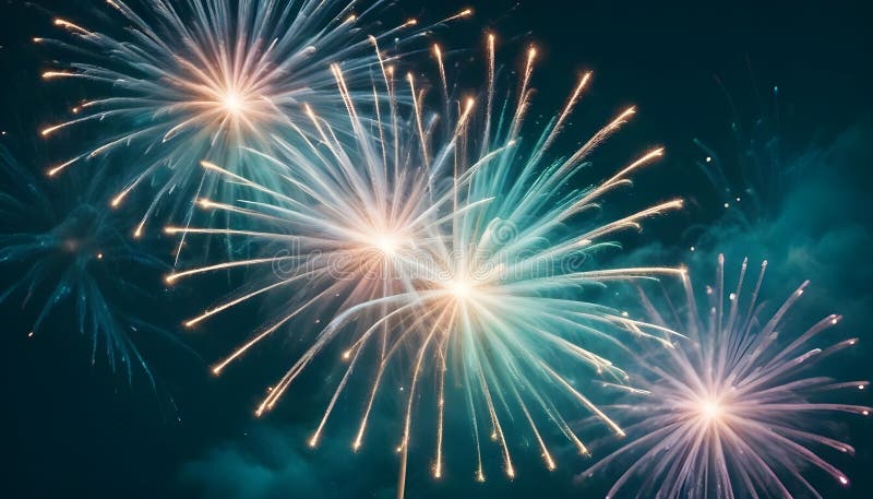 Imagine abstractă a trei focuri de artificii colorate care explodează împotriva unui cer întunecat al nopții. stock illustration