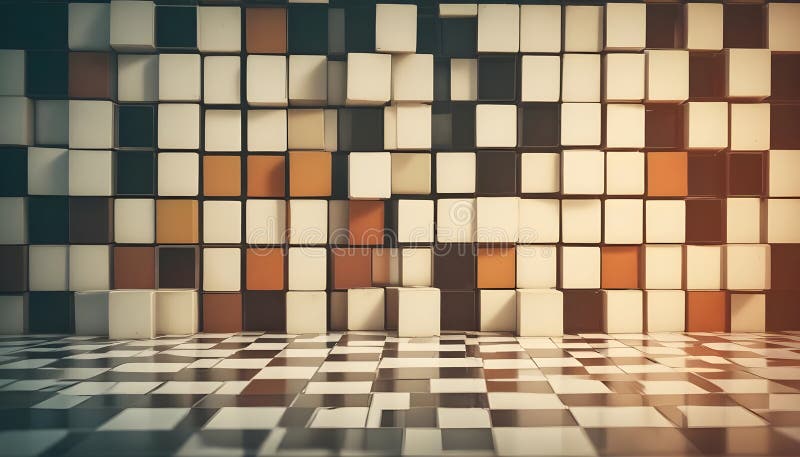 Abstract image of a wall made of square blocks in various shades of white, orange, and black. The blocks are arranged in royalty free illustration