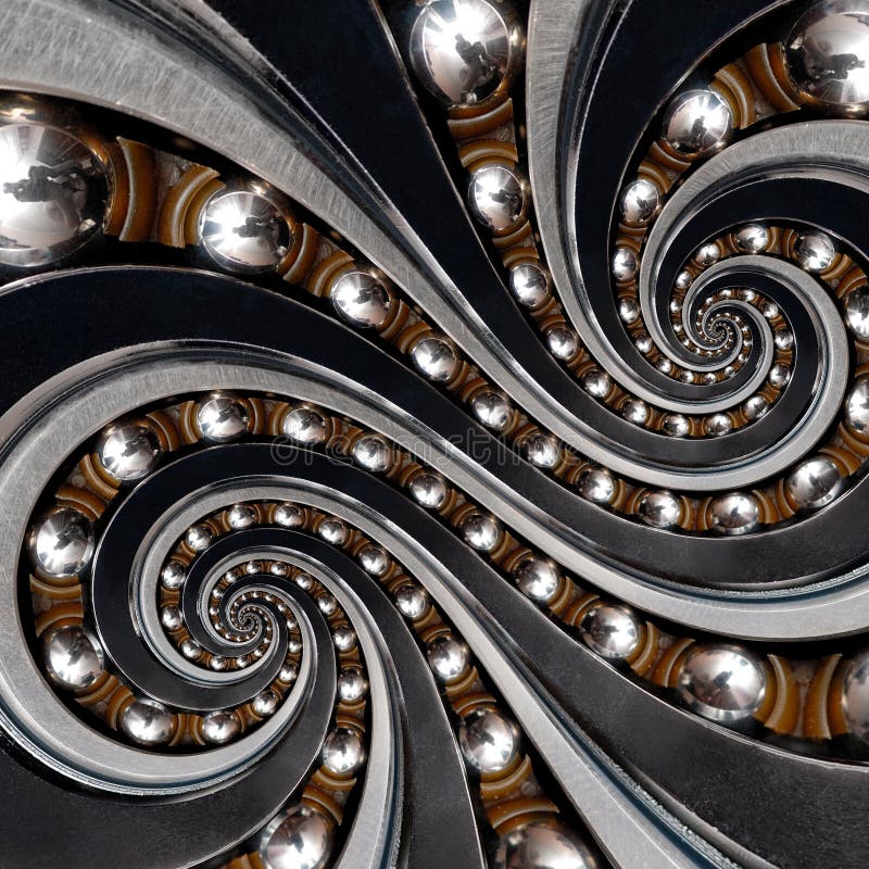 Abstract industrial ball bearing spiral background fractal. Double spiral repetitive pattern with metal balls, distorted bearing r