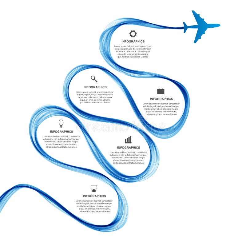 Abstract infographic airplane and wave a blue smoke. Vector illustration. Wavy timeline vectors