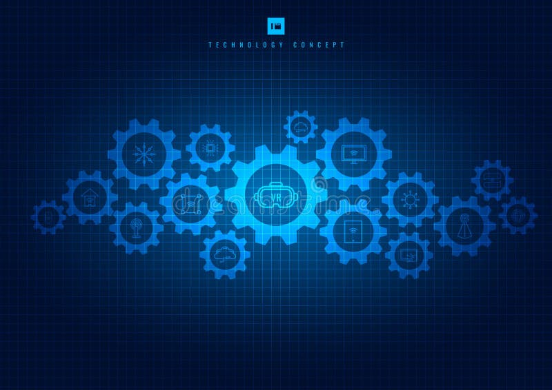 Abstract integrated gears and icons technology mechanism on glowing blue background royalty free illustration