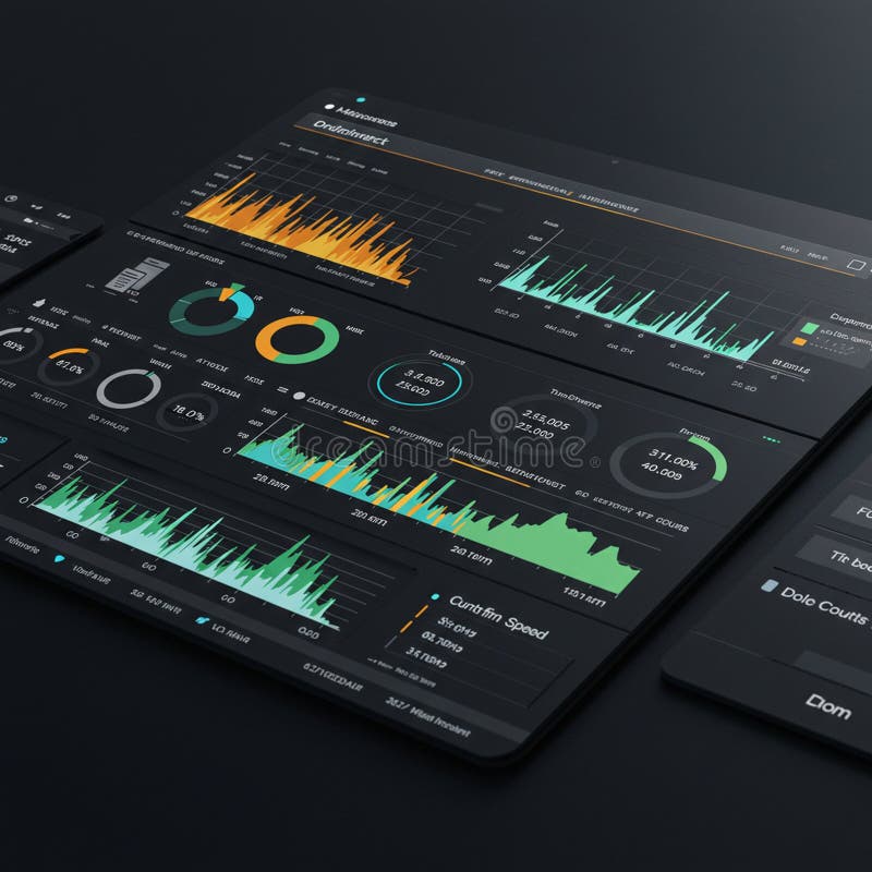 Abstract interface of a digital dashboard featuring various data visualizations. stock illustration